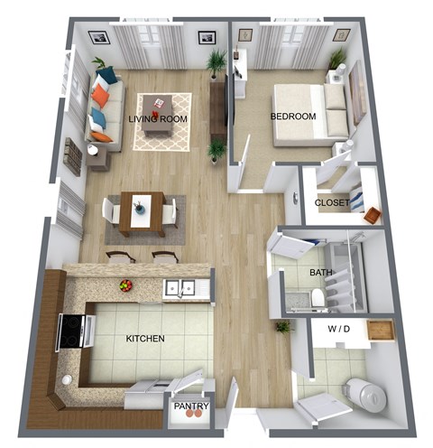 Floor plan for 1 bed, 1 bath, 767 sqft